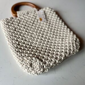 NEW with Tags Off-White Crochet Rope Tote Bag with Wooden Handles